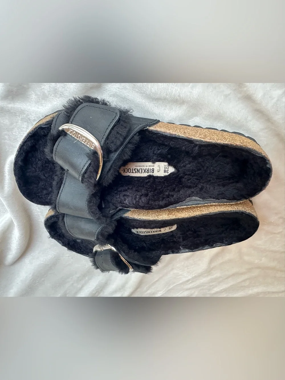 Birkenstock - Black Furry Slide Sandals with Silver Buckle